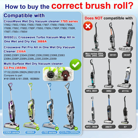 Pro Grade Brush And Filter Replacement Parts For Bissell CrossWave Vacuum Fits 3888A And 1785 Series Models Includes Replacement Brushes And Filters For 1785G 1785B 1785F And More For Easy Deep Clean. Compatibility chart for Bissell CrossWave brush roll models