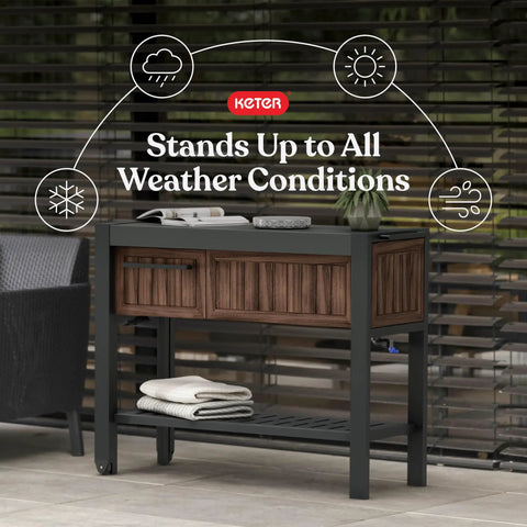 Extendable Outdoor Bar Cart With Hidden Cooler And Prep Surface on patio, featuring Rosewood finish, drainage kit, and hidden wheels.