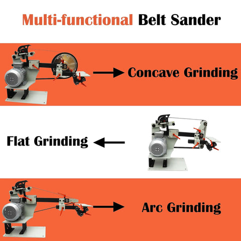Badass Heavy Duty 2Hp Bench Belt Sander Providing Variable Speed Tuning For Sheet Metal Prep And Knife Crafts With Three Different Abrasive Strips Plus Curved Polishing Wheels 220V showing concave, flat, and arc grinding functions.
