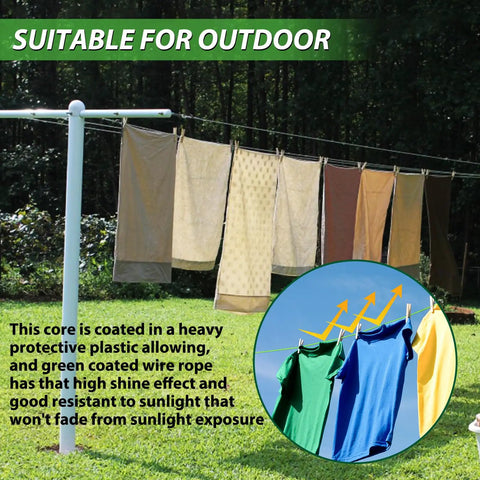 All In One Outdoor 100 Ft PVC Coated Steel Cable Kit with clothesline in garden setting, suitable for hanging laundry outdoors.