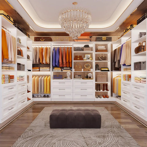 Max Out Your Closet Space With This Expandable L Shaped Corner Closet System For Walk In Closets Three Piece Modular Organizer With 6 Drawers 11 Shelves 6 Hanging Rods White Finish Extends From Six Point Five To Sixteen Feet shown installed in a modern walk-in closet.