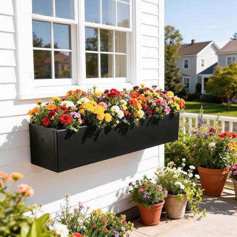 Foldable Metal Railing Planter Box Set with 30 Inch Balcony Planters and Adjustable Brackets, filled with flowers on balcony railing.