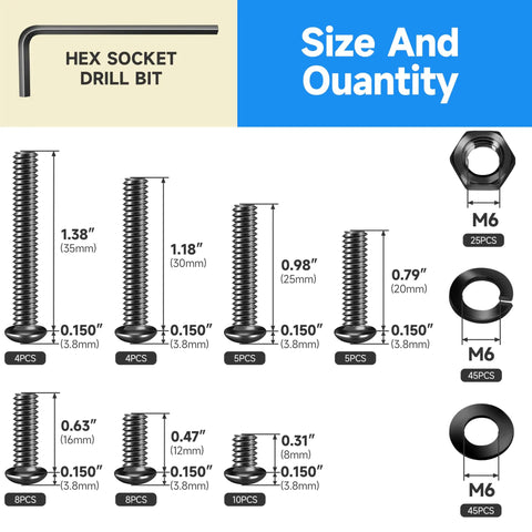 Image showing size and quantity of 159 Piece M6 Screw Set With Button Head Socket Cap Screws Grade 10.9 Carbon Steel Black Oxide Finish