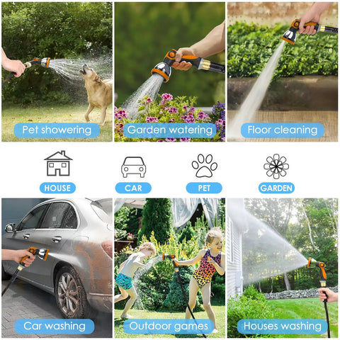 Non Expanding Garden Hose 100 Ft With Kink Free Flex Lightweight Yet Durable Water Hose 10 Pattern Spray Nozzle Leak Proof Design 3/4 Inch Swivel Connectors Heavy Duty Fabric Portable Storage Strap For Easy Carry, shown watering garden, washing car and pet.