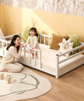 Toddler Floor Bed With Rails And Door, Montessori Low Profile Metal Platform Bed For 2 To 5 Years Old, No Box Spring Needed, Heavy Duty Guardrails For Safe Independent Sleep, Kid Friendly White Finish with child and parent