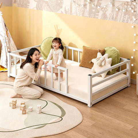Toddler Floor Bed With Rails And Door, Montessori Low Profile Metal Platform Bed For 2 To 5 Years Old, No Box Spring Needed, Heavy Duty Guardrails For Safe Independent Sleep, Kid Friendly White Finish with child and parent