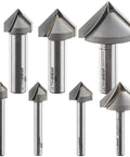 7 Piece 90 Degree V Groove Router Bit Set Featuring Premium Carbide Cutters In Quarter And Half Inch Shanks for engraving.