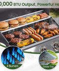 Four Burner Propane Gas BBQ Grill With 40,000 BTU Power, Stainless Steel Build, grilling burgers, hot dogs, and corn