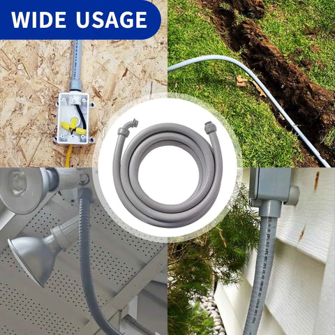 Flexible Liquid Tight PVC Electrical Conduit Kit 1 Inch Diameter, 25 Feet Length, Non Metallic Grey, installed in various outdoor settings
