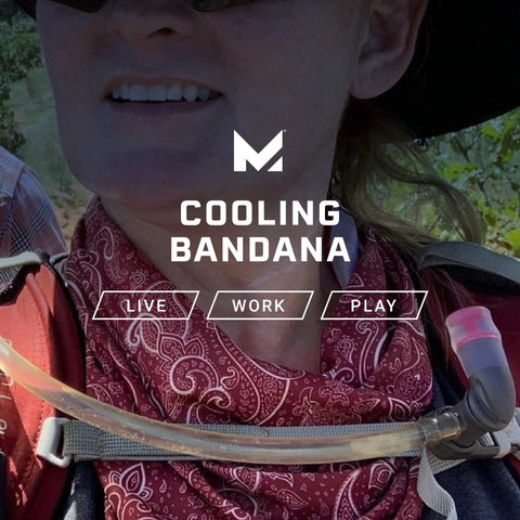 Hiker wearing Red Paisley Cooling Bandana Water Activated Chill For Instant Cool Up To Two Hours Lightweight And Breathable UPF 50 Sun Protection