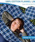 Woman lying in double sleeping bag for camping and backpacking, queen size two person, waterproof with flannel lining