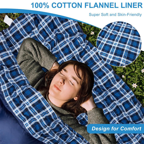 Woman lying in double sleeping bag for camping and backpacking, queen size two person, waterproof with flannel lining