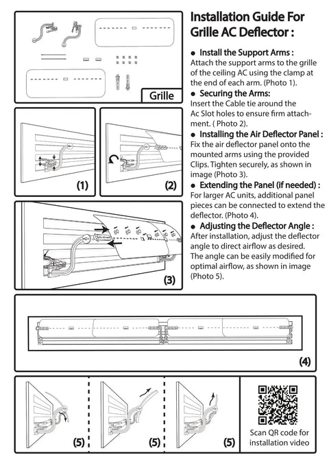 Installation guide for Adjustable AC Air Deflector Grille, extends 24-43 inches, 360° rotatable vent shield, clear transparent design