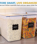 2 Pack Extra Large Food Storage Containers With Lids 11L Each Easy Carry Handle BPA Free Airtight For Flour Sugar Rice Cereal Bulk Pantry Organization displaying oats and pasta on counter.