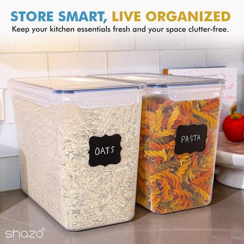 2 Pack Extra Large Food Storage Containers With Lids 11L Each Easy Carry Handle BPA Free Airtight For Flour Sugar Rice Cereal Bulk Pantry Organization displaying oats and pasta on counter.