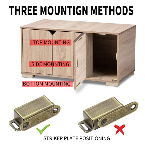 Hassle Free Magnetic Cabinet Door Catch 8 Pack Slick Bronze Finish Rust Proof Stainless Steel Latch installation guide showing three mounting methods.