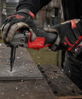 5/8-11 Angle Grinder Extension Shaft Adapter Kit in use, converting grinder into drill for metal drilling, highlighting 1/4 inch collet.
