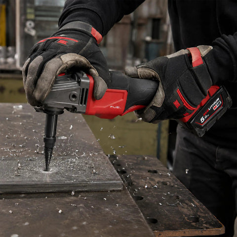 5/8-11 Angle Grinder Extension Shaft Adapter Kit in use, converting grinder into drill for metal drilling, highlighting 1/4 inch collet.