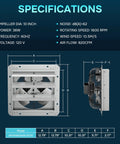 Diagram of 10 Inch Shutter Exhaust Fan With Aluminum Louvers And Blades, Beefy High Speed Up To 1650 RPM, 820 CFM.