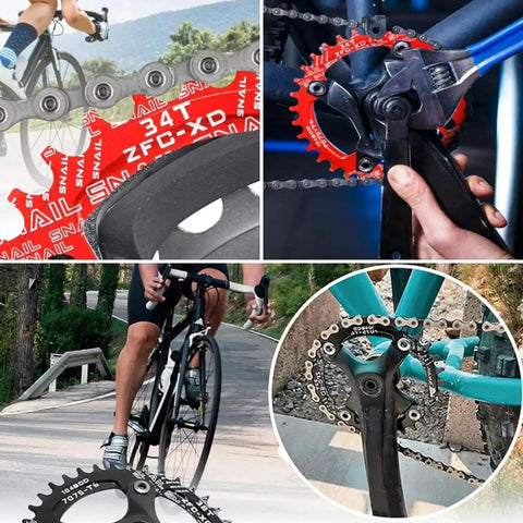 104 BCD Chainring 40T To 52T CNC 7075 Aluminum Narrow Wide Round Design for MTB Road Ebike on black crankset and chain.