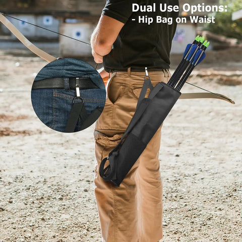 Dual-Use Archery Quiver Backpack with Adjustable Arrow Holder on hip, showing metal belt clip attachment for easy storage