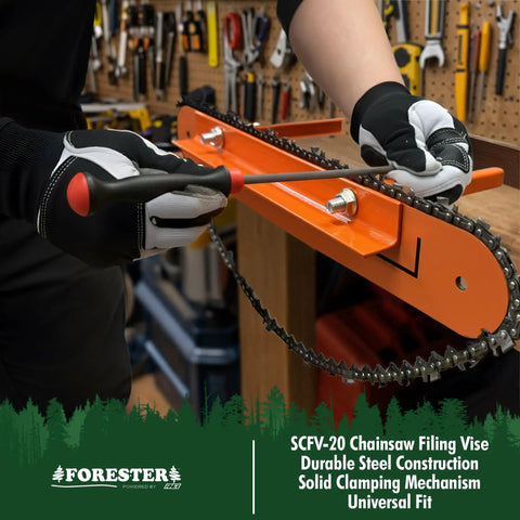 Rock Solid Chainsaw Filing Vise For Fast Safe Sharpening With A Secure Clamp Universal Fit And Durable Steel Construction 17.5 Inch Bar Length Bench Mount Or Portable Saw Tool in use on chainsaw chain