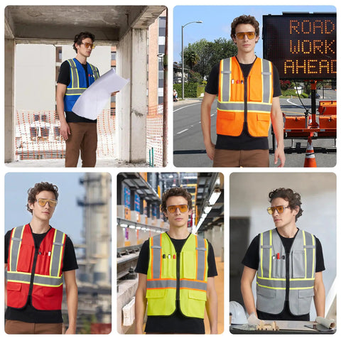 Heavy Duty High Visibility Reflective Safety Vest Featuring Wide Hi Viz Strips For Construction Jobsites Traffic Management And Outdoor Yard Work Unisex Polyester Blend Ensures Maximum Airflow Lets You Crush Your Shift - Multiple colors and styles shown.