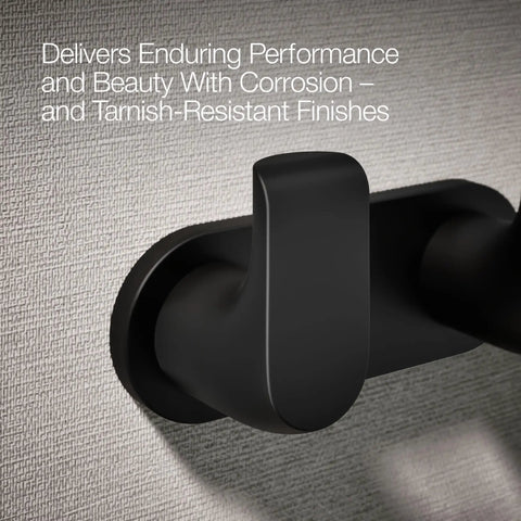 Matte Black Avid Double Robe Hook For Towel And Robe Storage attaches to wall with corrosion resistant finish