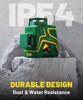 Dual 360 Degree Green Laser Level With 147 Ft Range, 5200mAh Removable Battery, shown on rocks with IP54 rating.