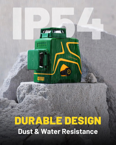 Dual 360 Degree Green Laser Level With 147 Ft Range, 5200mAh Removable Battery, shown on rocks with IP54 rating.