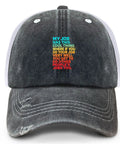 Men's Vintage Trucker Cap With Adjustable Buckle One Size Fits Most featuring colorful text on the front panel