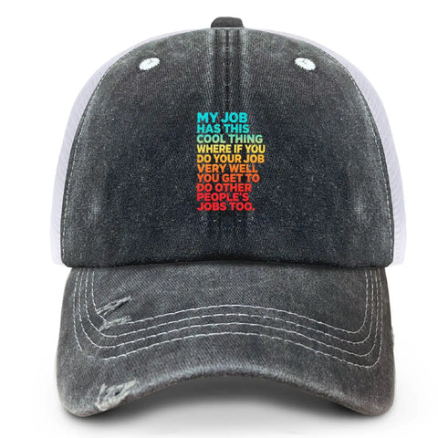 Men's Vintage Trucker Cap With Adjustable Buckle One Size Fits Most featuring colorful text on the front panel