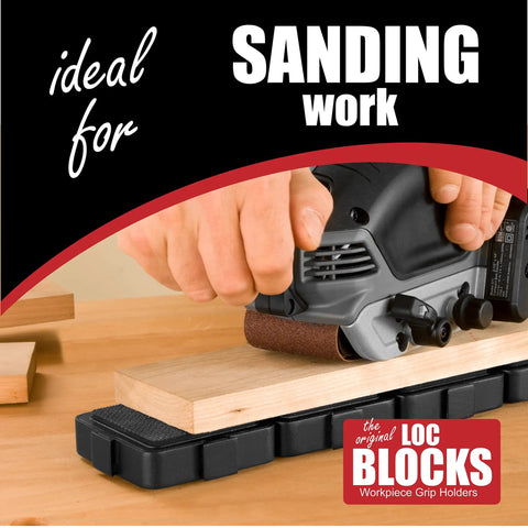 Hands using heavy duty woodworking project blocks for hands free routing sanding drilling on a wooden workpiece.
