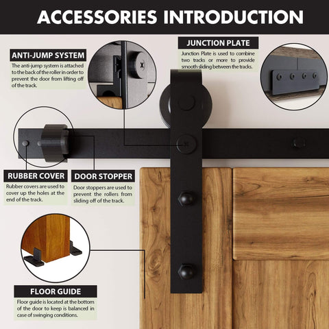 Image showing accessories for Rustic Black Sliding Barn Door Hardware Kit With 4 And A Half Foot Flat Track Non-Bypass Roller System.