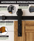 Accessories of Black Rustic Sliding Barn Door Hardware Kit For One Door With 14ft Flat Track shown with descriptions