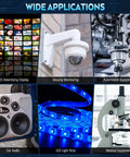 Collage showing various uses: LED display, security camera, automation equipment, car audio, LED strip lights, microscope.