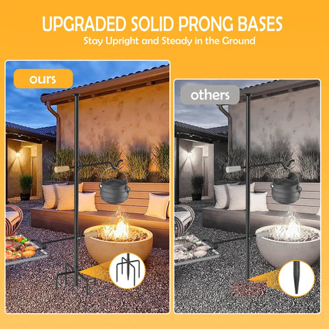 Dual view of Four Prong Campfire Grill Grate With Swivel Handle for heavy duty fire pit cooking, shown with solid prong base.