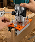 Rock Solid Wood Trimmer Router Base And 2 In 1 Compact Palm Router Base attached to a wood piece for precise shaping.