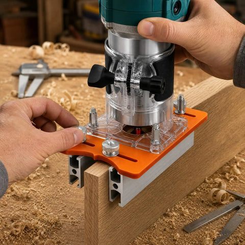 Rock Solid Wood Trimmer Router Base And 2 In 1 Compact Palm Router Base attached to a wood piece for precise shaping.