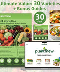 Collage showing Plantmew seed kit package, fresh vegetables, and website banner with text '30 Varieties Premium Vegetable & Herb Seeds'.