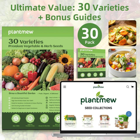 Collage showing Plantmew seed kit package, fresh vegetables, and website banner with text '30 Varieties Premium Vegetable & Herb Seeds'.