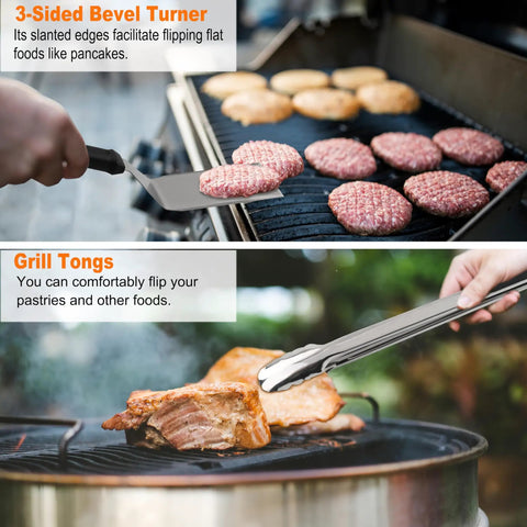 Pro Grade Griddle Accessories Kit With Smash Burger Press Extra Thick Spatula And Turners 38-Piece Flat Top Grill Tools Pack in use