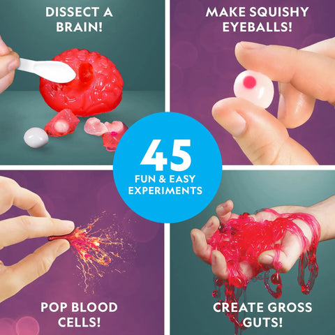Gross Science Kit With 45 Experiments For Kids 8 12 showing dissecting a brain, squishy eyeballs, blood cells, and guts.