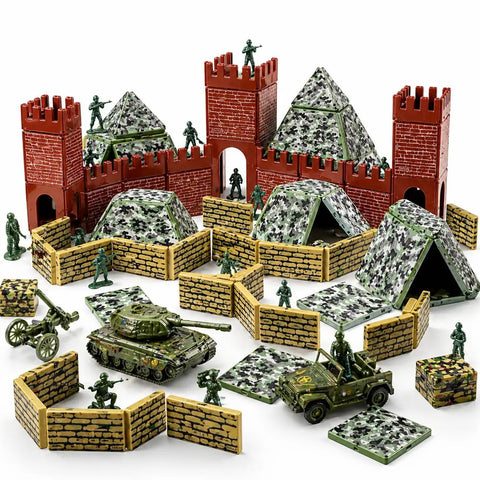 Military Battlefield Base Magnetic Tiles Building Blocks Army War Themed Playset with camo tiles and army figures