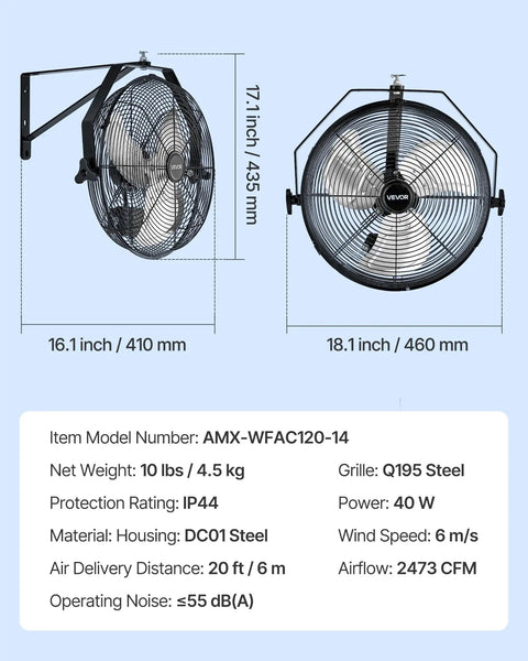 Beefy 14 Inch Industrial Wall Mount Fan With High Velocity Airflow 2473 CFM IP44 Waterproof Outdoor Wall Fan With Aluminum Blades