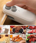 Rechargeable 2 In 1 Bag Sealer With Cutter And Magnet sealing food bags with snacks, nuts, and meat, ideal for travel and home use.