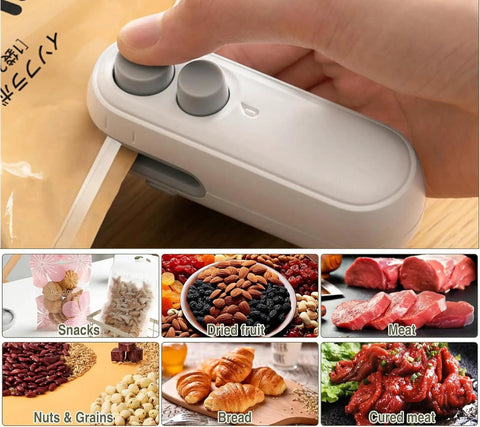 Rechargeable 2 In 1 Bag Sealer With Cutter And Magnet sealing food bags with snacks, nuts, and meat, ideal for travel and home use.