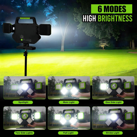 Rechargeable 55W Magnetic Work Light With 5000 Lumens Pro Grade Foldable 360 Degree Rotatable LED Six Lighting Modes Portable Mechanic Jobsite Light For Car Repairs And Workshop showing six lighting modes illustrations