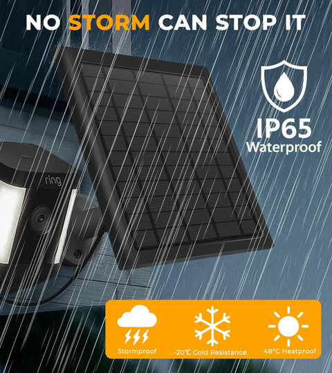 8W Solar Panel Charger For Stick Up Cam Battery And Spotlight Cam Battery, IP65 waterproof in storm, Ring camera shown.