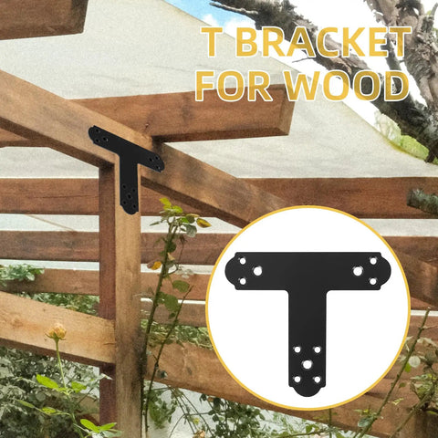 Black T Bracket Set For Wood And Steel, mounted on pergola, Post To Beam Connectors, 6 Pcs Flat T Plate Brackets With Screws